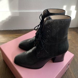 Black woven leather heeled boots